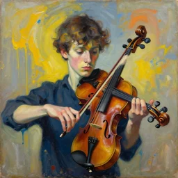 portrait of a young violinist focusing and violin hanging in air painted by vincent lefevre and hernan bas and pat steir and hilma af klint, psychological, symmetrical face, dripping paint, a lot brush marks, rendered in octane, high quality render, altermodern, masterpiece