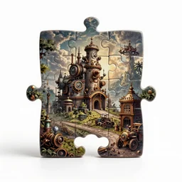 steampunk jigsaw puzzle, high detail macro photography, isolated on a pure white background, centered, entire object in frame, sharp focus, soft studio lighting