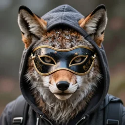 incredibly realistic, too detailed face of lynx with hacker hoodie and venetian mask, octane render, bump mapping, macro image, global illumination, 8 k, bokeh, xenoblade, d & d, elder scrolls, one piece