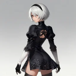 portrait of 2B nier automata wearing skintight clothes from behind, trending on artstation, artstationHD, artstationHQ