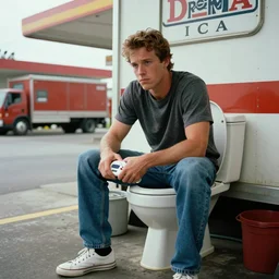 reggie fils aime sitting on a sega dreamcast console toilet at a truck stop, movie still, 8 k, hd