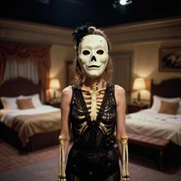 photoreal telephoto cinematography of dirty flapper girl skeleton wearing dyke richards theatre mask from stanley kubrick's film the shining, inside the elstree studios soundstage set for the overlook hotel guest rooms shot on 3 5 mm eastman 5 2 4 7 film by the shining cinematographer john alcott shot on a cooke panchro 1 0 0 mm lens