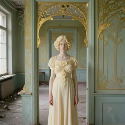 an ivory girl in an soviet golden liminal abandoned room, film still by wes anderson, depicted by balthus, limited color palette, very intricate, art nouveau, highly detailed, lights by hopper, soft pastel colors