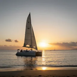 fijian beach at sunset with sailing yacht