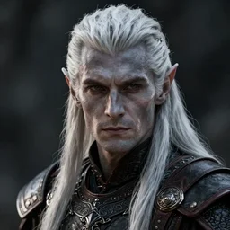 a portrait of a male dark gray elf with long white hair, pale gray skin, buzzed hair on temple, young adult, defined cheek bones, serious, wearing leather armor, style by donato giancola, wayne reynolds, jeff easley dramatic light, high detail, cinematic lighting, artstation, dungeons and dragons