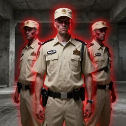 zombie security guard officers in beige uniform and caps with background brutalist concrete interior trending on artstation digital painting highly detailed ( ( red aura surround ) ) 4 k 8 k hd by greg rutkowski