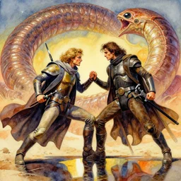 a beautifull intricate watercolour painting of vladimir harkonnen fighting paul atreides, giant sanworm in background, dune, frank herbert, reflexions, verry high details by william turner art, greg rutkowski and alphonse mucha, trending on artstation, very very detailed, masterpiece, vibrant colors