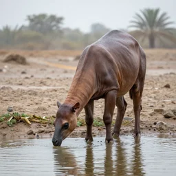 A bantha drinking from a river, on a rainy day at Tatooine, award winning nature photography by National Geographic