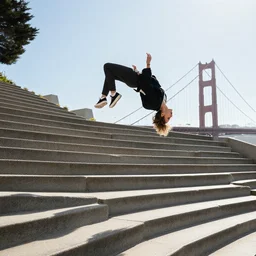 nyja huston doing a 3 6 0 flip down a large set of stairs in san francisco