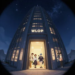 door entrance to a skyscraper at the top of a mountain, starry night, trending on artstation, pixiv, hyperdetailed Unreal Engine 4k 8k ultra HD, Stanley Artgerm Lau, WLOP, Rossdraws, James Jean Marc Simonetti Ruan Jia and Mandy Jurgens and Artgerm and William-Adolphe Bouguerea Sakimichan, yuru camp,  illustration, digital art, concept art, fish eye lens