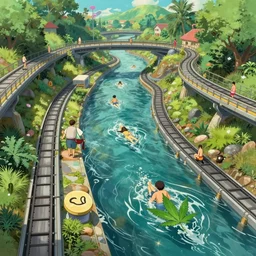 an optimistic futuristic landscaped stream waterway with conveyor belts, overpasses bridges and contours - the main method of transportation people swim but some use the conveyor belts, pop motifs, by ghibli, cannabis leaf is currency
