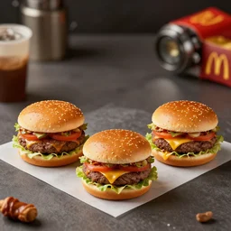 3 juicy burgers from a fast food restaurant, depth of field, food photography, isometric, tasty, mcdonalds, wide shot, studio, bokeh, gmaster, cooking, food, kodak, sony, canon