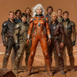 pulp scifi fantasy illustration full body portrait android woman, white hair, in leather spacesuit on mars, by norman rockwell, roberto ferri, daniel gerhartz, edd cartier, jack kirby, howard v brown, ruan jia, tom lovell, frank r paul, jacob collins, dean cornwell, astounding stories, amazing, fantasy, other worlds