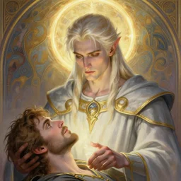 medium closeup calm and pious male aasimar paladin with no bear and halo above head, medium length platinum blonde hair, wearing white slate grey and gold vestments healing a wounded man with holy magic, pensive expression, highly detailed, cinematic lighting, illustration, painterly, art by Krenz Cushart and Artem Demura and alphonse mucha, intricate, masterpiece, fantasy, halo of light, d&d