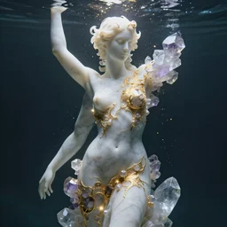 abstract female sculpture made of white marble and amethyst crystals quartz, ethereal lights, under water, fine details, artstation, film still, golden partciles flying in the air, cinematic photoshooting, luxury, golden filigree, octane render