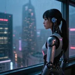 a female cyborg looks out a window at the skyline of a raining neon city