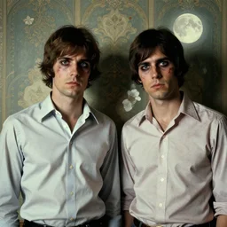 two handsome but sinister men wearing oxford shirts in dead space, with haunted eyes, 1 9 7 0 s, seventies, wallpaper, a little blood, moonlight showing injuries, delicate embellishments, painterly, offset printing technique, by brom, robert henri, walter popp