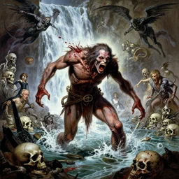 a screaming sasquatch in the river styx of the underworld, frank frank frazetta, blood splatters, charlie bowater and tom bagshaw, insanely detailed, deviantart, atoms surrounded by skulls, death, and spirits flying, water fall, horror, sci - fi, surrealist painting, by peter mohrbacher