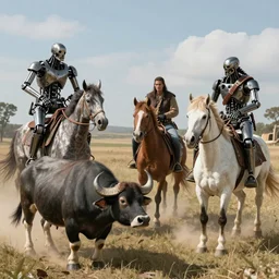 hyperrealistic buffalo and unicorns being hunted by terminator robots on horses dressed up as indians