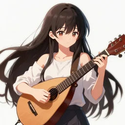 anime girl with long dark hair playing a mandolin, trending on artstation