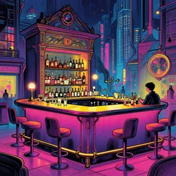 ( ( ( ( stylish bar counter in cyberpunk city ) ) ) ) by mœbius!!!!!!!!!!!!!!!!!!!!!!!!!!!, overdetailed art, colorful, artistic record jacket design