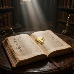 scene is ancient dimly lit fantasy punisher library. open punisher leather bound book laying open to a page with many symbols and runes and symbols featuring one gold inlay punisher symbol. background light rays in dust
