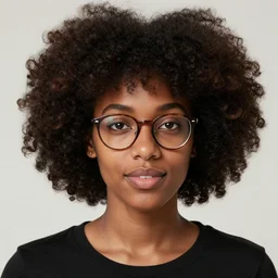 Blasian woman with an afro wearing glasses, detailed