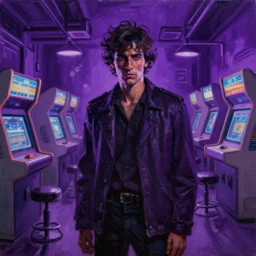 painting of the figure of a man in a haunting scenery during the 1 9 8 0's, city, video club, arcade store, high contrast, concept art, fully colored, purple filter, neon, dramatic lighting, digital art, 8 k, extremely detailed, drawn by ruan jia