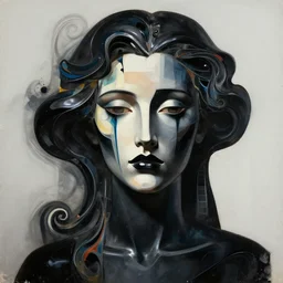 epic concept art. abstract female face silhouette mixing with black and color liquid fluid. abstract sculpture. art deco swirls. black latex. masterpiece, michelangelo and anato finnstark. concept art, matte painting. greg rutkowski, wlop, victo ngai, kandinski