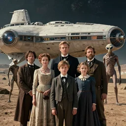 sharp, still from a sci fi blockbuster color movie made in 2022, set in 1860, of a family standing in front of a spaceship that has just landed on an alien planet, a humanoid alien creature stands nearby, the family are all wearing 1850s era clothes, 4k, faces are in focus, extremely good quality lighting, good quality photography, A list cast, famous actors, famous actresses, oscar winner