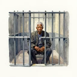 small centered on watercolor paper, paint brush strokes, abstract watercolor painting of morgan freeman sitting in prison cell, poor, cinematic light, national romanticism by hans dahl, by jesper ejsing, by anders zorn, by greg rutkowski, by greg manchess, by tyler edlin