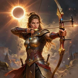 an epic fantastic realism comic book style painting of a flamboyant archer drawing his bow, intricately detailed with filigree and mystical text, 8 k, ultra realistic, solar eclipse, lens flare, atmosphere, glow, detailed, intricate, full of colour, cinematic lighting, trending on artstation, 4 k, hyperrealistic, focused, extreme details, unreal engine 5, cinematic, masterpiece