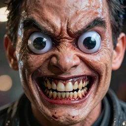 incredibly realistic, too detailed face of grimace with googly eyes, venom teeth, carnage teeth, octane render, bump mapping, macro image, global illumination, 8 k, bokeh, enki bilal, yuji himukai, jen zee, peter mohrbacher
