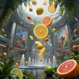 falling rain drops as sliced! citrus fruit ( ( lemon, orange, lime, grapefruit ) ), within interior futuristic expansive city hall cyberpunk 2 0 7 7, sci - fi, fantasy, wide angle highly detailed by santiago calatrava, foliage, fountains, wall art!, levitating people, by saturno butto and wlod, captivating 8 k hdr, octane render godra