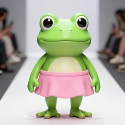 fashion show with a super cute green tree frog dressed in a pink skirt,, photo realistic, matte image