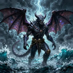 cthulhu with bat wings, ocean, storm, digital art, magic the gathering, mtg, by greg rutkowski, trending on artstation