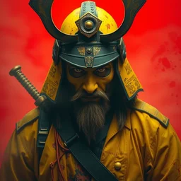 old samurai, cyberpunk, vibrant yellow colors, surreal, french baroque style by alexander mcqueen, hyper detailed, realistic cinematic, voigtlander photography portrait, painting, fog, red background, blood, hero,