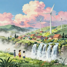 memorable animation key shot, illustration, paper texture, waterfall, misty valley village, savonius wind turbines, by mandy jurgens, by satoshi kon, ilya repin, lena aenami, shinji kimura, daylight pastel color palette, vibrant clouds, grass, mist