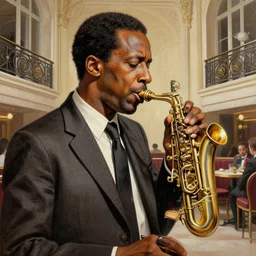jazz cafe paris 1 9 5 8, surreal exaggerated tall and long photo of john coltrane, intricate, elegant, highly detailed, digital painting, artstation, concept art, smooth, sharp focus, illustration, art by wlop, moma museum