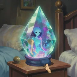 a painting of a small girl's bedroom with a beyond - dimensional alien fantasy prism infused with a dream, sitting on the bedside table, in a screenshot from the ethereal science fiction anime film by studio ghibli