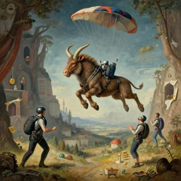 skydiving and the strange music of chance with a minotaur. a surrealist interior mental dreamscape by hieronymus bosch, cyril rolando, esher and natalie shau, whimsical, profound, impossible. trending on devaintart