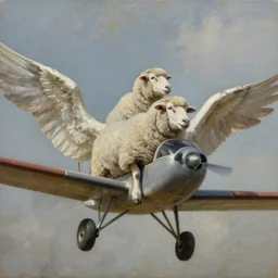 sheep riding a small aircraft with wings, oil on canvas, cinematic lighting, high detail