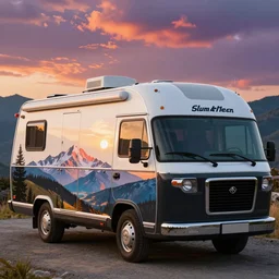 a white and black cute airstream motorhome camper!!, mountains, colorful sunset!!, stencil art by tom whalen