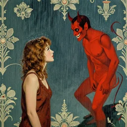 a girl meeting the devil in the rain at night, 1 9 7 0 s, seventies, wallpaper, delicate embellishments, painterly, offset printing technique, by brom, robert henri, walter popp