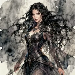 a portrait of an elven sorceress in a flowing revealing dress, long flowing hair, slight smile, arrogant, looking away from the camera, intricate detailed grimdark fantasy watercolor by kim jung gi