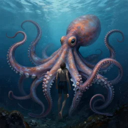 a dream fantasy painting of a man trapped by a tentacles of a giant octopus in the deep of the ocean, by beksinki, giger, greg rutkowski, carne griffith trending on artstation, deviantart, photorealism