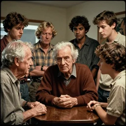 7 0 s film still from a horror movie about elderly and young people, kodachrome, cinecolor, cinestill, film grain, film texture, retro, cinematic, high resolution, photorealism,