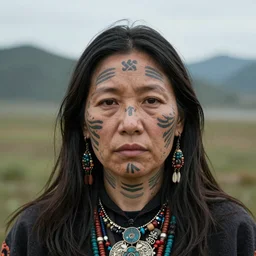 face portrait of a shaman, Siberian, facial tattoos, photo by annie leibovitz
