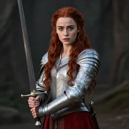 emilia clarke, as a medieval fantasy character, with dark red hair, wearing light armor and red clothing, holding a longsword, determined expression, noble, cinematic, dark, realistic, digital art, 8 k n - 9