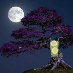 moon resting under bonsai tree with purple leaf, holding a lemonade